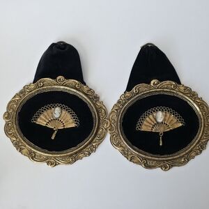 Vintage Black Velvet Shell Cameo Gold Tone Fan Wall Decor Plaques